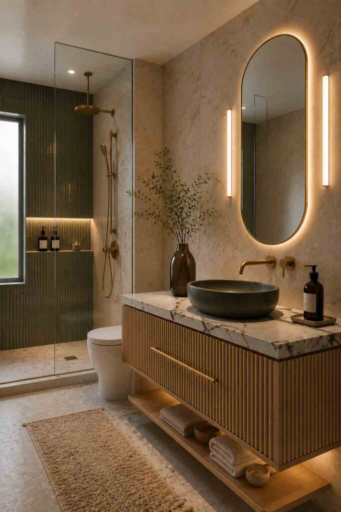 Contemporary bathroom featuring a floating fluted wood vanity with a marble countertop and dark stone vessel sink, an illuminated arched mirror with slim vertical wall lights, brushed brass wall-mounted faucet and shower fixtures, a frameless glass walk-in shower with deep green vertical wall tiles and a recessed illuminated niche, a wall-hung toilet, a textured beige runner rug, decorative greenery, and warm under-vanity and ambient lighting.
