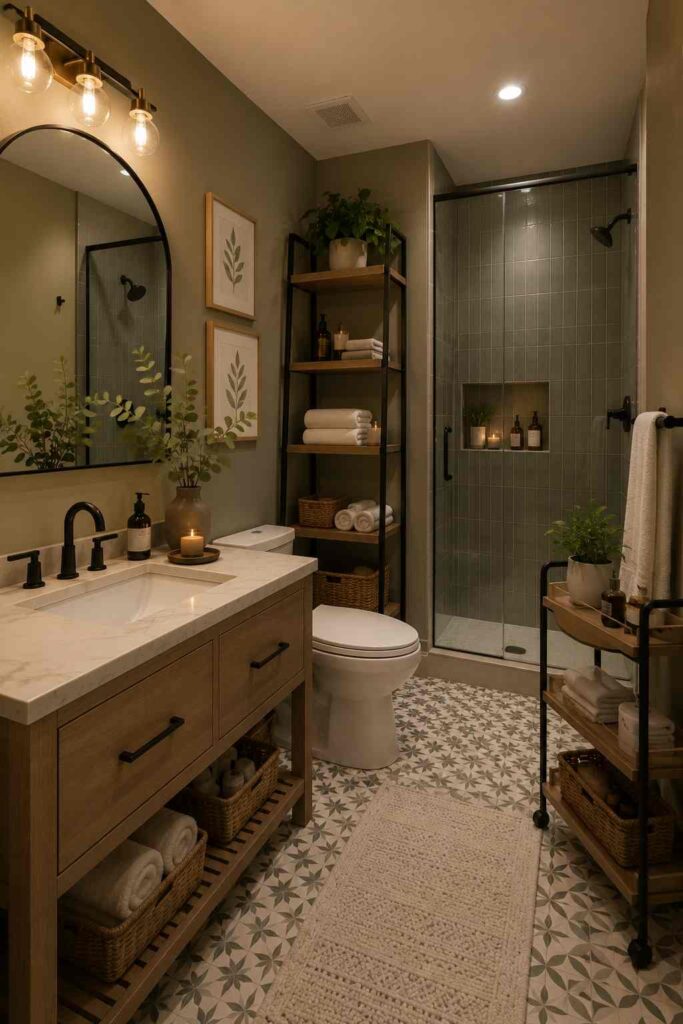 A warm, modern bathroom with a light wood vanity topped by a white quartz countertop and integrated sink, complemented by matte black fixtures and a large rounded mirror beneath exposed Edison-style vanity lights. The walk-in shower features muted green vertical tiles, a recessed illuminated niche with toiletries, and a black-framed glass enclosure. Patterned geometric floor tiles, open shelving with woven baskets and folded towels, potted plants, candles, and a rolling storage cart create a cozy, organized spa-inspired space.