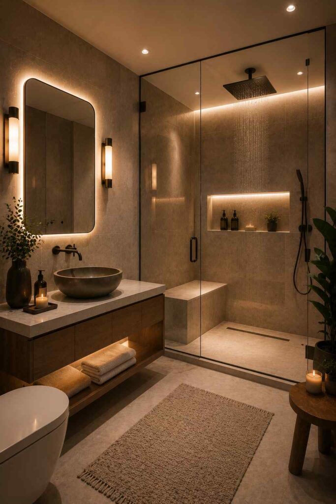 A modern spa-inspired bathroom with warm ambient lighting. The space features a floating walnut vanity with a white stone countertop and a dark round vessel sink beneath a large rounded-rectangle backlit mirror flanked by slim wall sconces. A spacious frameless glass walk-in shower includes a ceiling-mounted rainfall showerhead with water flowing, a built-in bench, a handheld shower, and an illuminated recessed niche holding toiletries and a small plant. Under-vanity lighting, folded towels on the open shelf, candles, a textured bath rug, and greenery create a calm, luxurious atmosphere. 