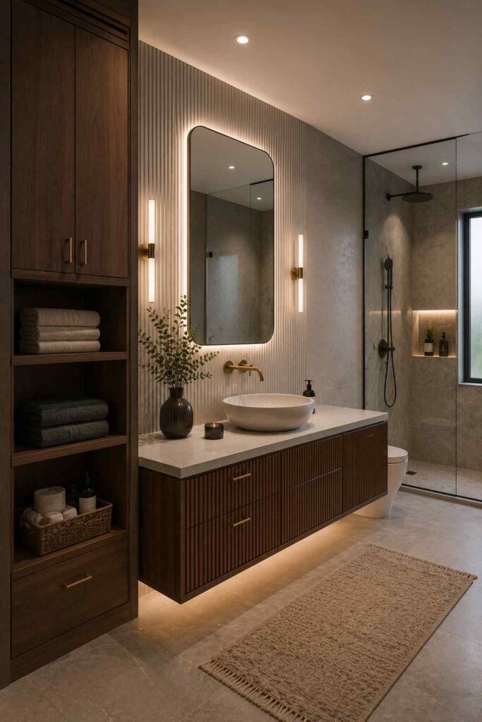Modern luxury bathroom with a floating walnut vanity featuring fluted drawer fronts, a white stone countertop with a round vessel sink, an illuminated rounded-rectangle mirror mounted on a vertically fluted feature wall, warm brass wall sconces and faucet, integrated under-vanity lighting, a tall walnut linen cabinet with open shelving, a frameless glass walk-in shower with matte black fixtures and a recessed illuminated niche, light stone floor tiles, a textured beige runner rug, and soft warm ambient lighting throughout

