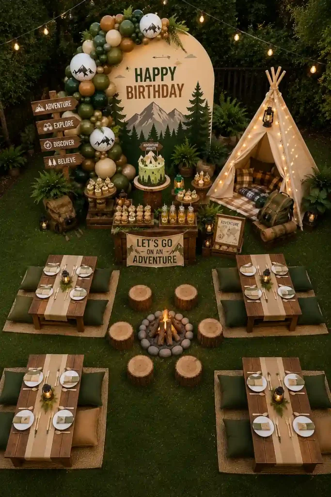 Outdoor adventure and camping-themed birthday party setup featuring a forest-inspired backdrop with mountains, evergreen trees, and a green, tan, and cream balloon garland. The display includes a teepee tent with string lights, rustic wooden signs, a campfire centerpiece surrounded by log stools, picnic-style low dining tables, lanterns, backpacks, and an adventure-themed cake. Natural colors and woodland décor create a cozy wilderness exploration atmosphere