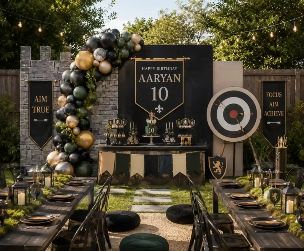 Medieval archery-themed birthday party setup featuring castle-inspired backdrops, black, gold, and forest-green balloon garlands, and a personalized banner reading 'Happy Birthday Aaryan 10.' The display includes an archery target, shields, banners with motivational phrases, a themed cake, lanterns, and banquet-style dining tables. Rustic décor, heraldic elements, and outdoor string lights create a noble kingdom and archery tournament atmosphere