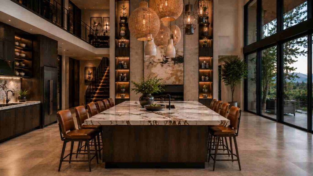 Architectural kitchen island design featuring a 10-seat marble island with five chairs on each side, oversized rattan pendant lighting, double-height ceilings, custom cabinetry, and luxury open-plan living. A stunning great room centerpiece designed for entertaining, family gatherings, and modern luxury homes.