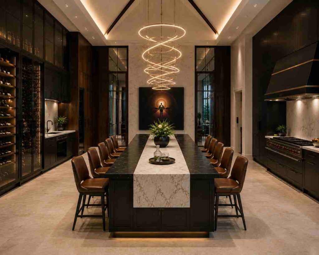 Modern luxury kitchen with a 10-seat modular island, five chairs on each side, marble surfaces, dramatic chandelier, and floor-to-ceiling cabinetry.