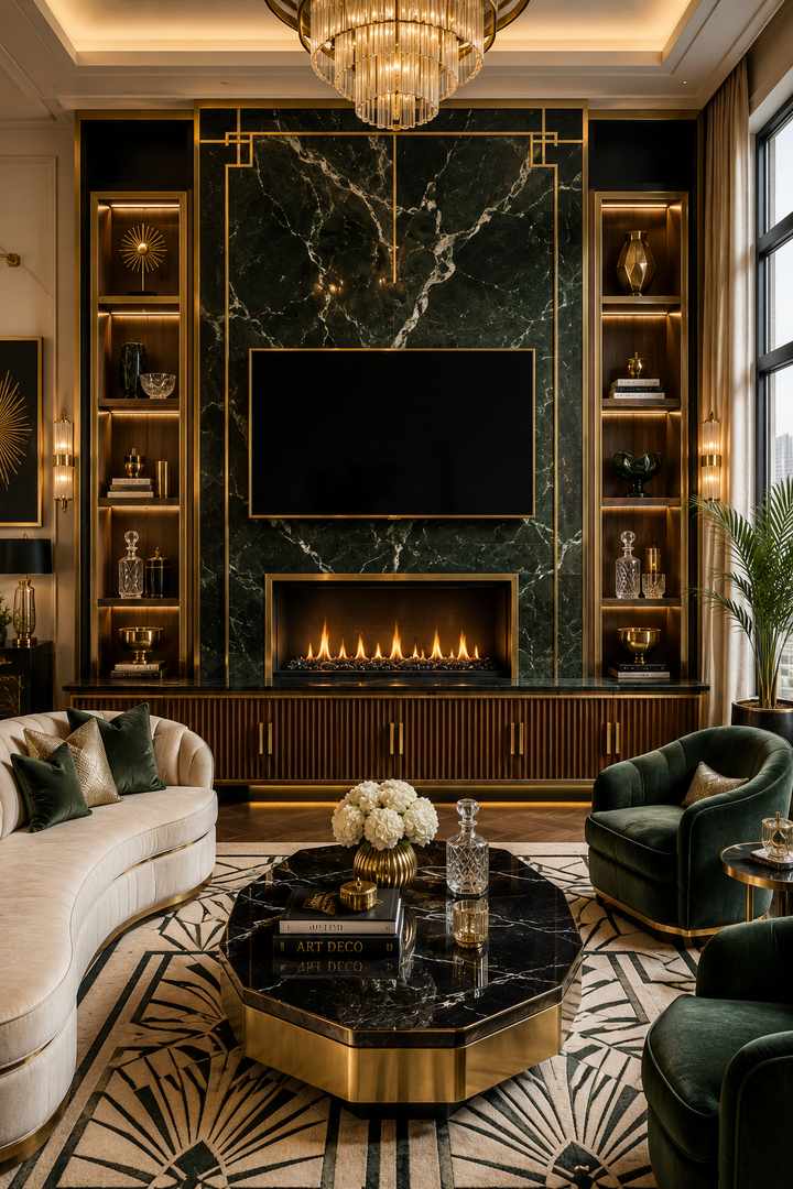 Elegant Art Deco-inspired living room with a floor-to-ceiling emerald green marble fireplace wall, geometric brass detailing, wall-mounted television, fluted walnut media console, velvet seating, crystal accents, and a dramatic chandelier. Rich materials and symmetrical styling create a glamorous old-Hollywood atmosphere.