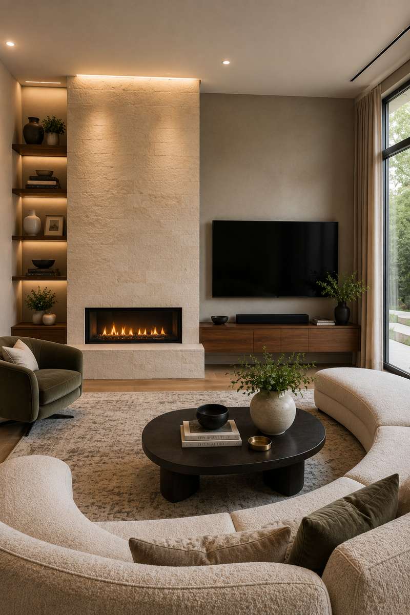 Contemporary living room with an asymmetrical fireplace wall design featuring a floor-to-ceiling limestone fireplace, eye-level wall-mounted television positioned beside the fireplace, floating walnut media console, curved bouclé seating, and warm ambient lighting. The layout creates separate focal points for comfortable TV viewing and architectural interest.