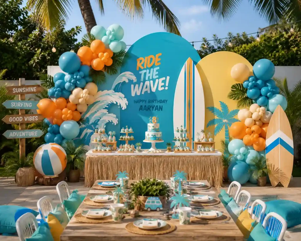 Surf and beach-themed birthday party setup featuring tropical blue, turquoise, orange, and cream decorations with surfboards, ocean wave graphics, and palm tree accents. A personalized backdrop reads 'Ride the Wave! Happy Birthday Aaryan,' while a beach-inspired dessert table showcases a themed cake and treats. Balloon garlands, a beach ball, rustic signage, and tropical table settings create a fun coastal adventure atmosphere for an eighth birthday celebration