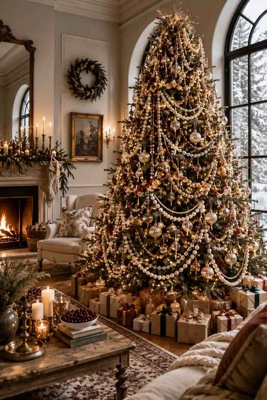 Elegant Christmas tree draped with pearl bead garlands, crystal bead strands, wooden bead decorations, warm fairy lights, and wrapped gifts inside a luxurious living room with a fireplace and snowy winter views.