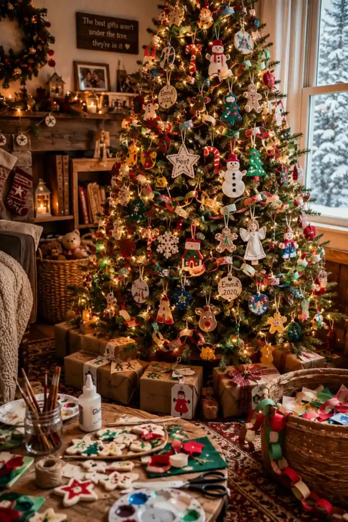 Christmas tree decorated with handmade ornaments, paper chains, felt decorations, salt dough crafts, and warm fairy lights in a cozy family living room with holiday craft supplies and wrapped gifts.