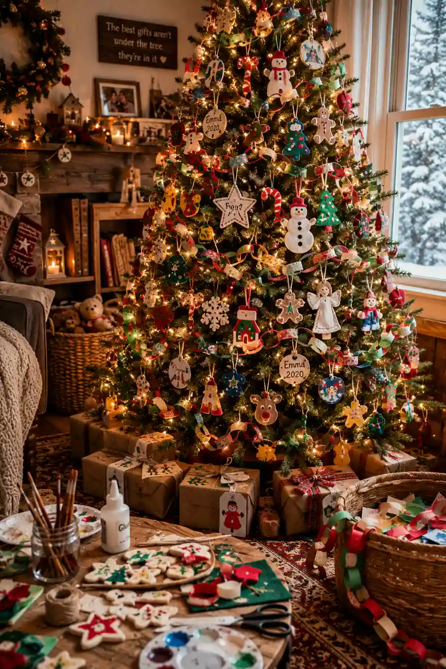 Christmas tree decorated with handmade ornaments, paper chains, felt decorations, salt dough crafts, and warm fairy lights in a cozy family living room with holiday craft supplies and wrapped gifts.
