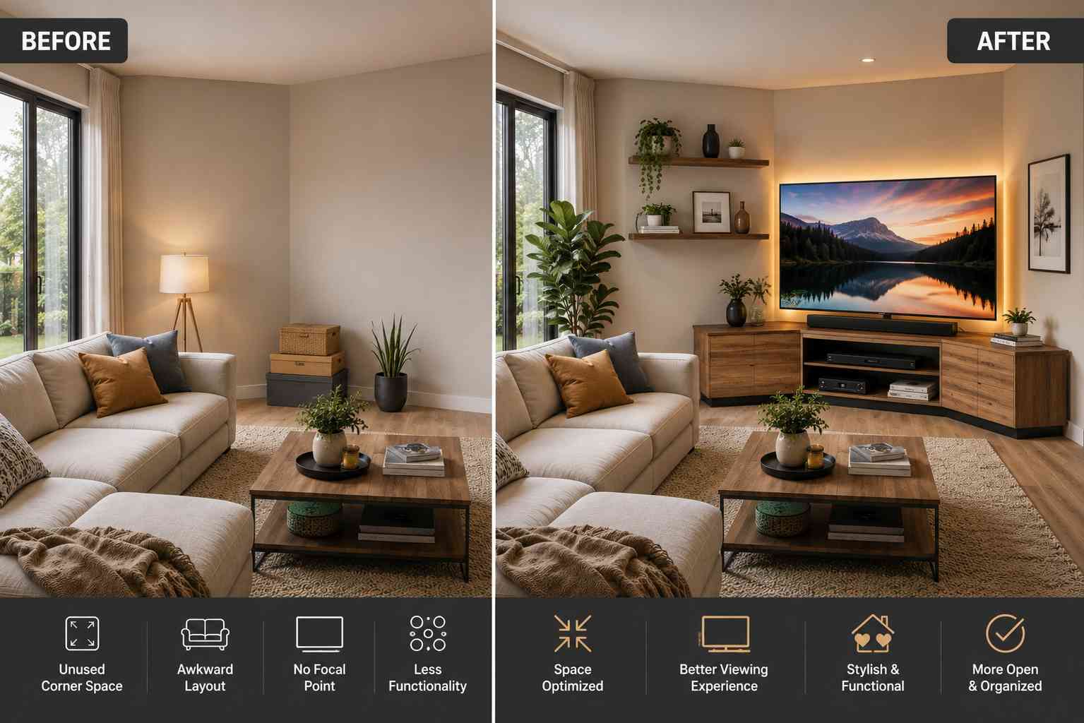 Side-by-side comparison of a living room before and after adding a modern corner TV unit, showing how an unused corner is transformed into a stylish, space-saving entertainment area.