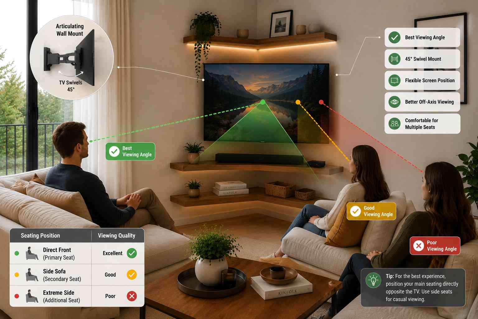Infographic showing TV viewing angles from different seating positions in a corner TV setup, comparing the best, good, and poor viewing angles and illustrating the benefits of a 45-degree articulating wall mount.