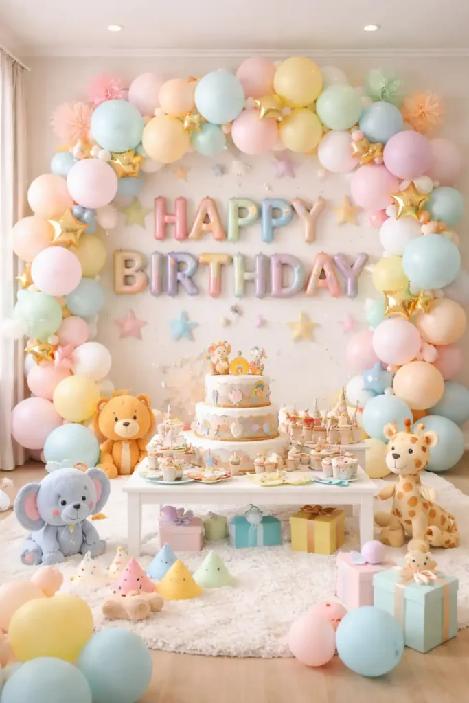 Pastel-themed birthday party setup featuring a large balloon arch in soft pink, blue, yellow, and mint colors, “Happy Birthday” balloon letters, a tiered cake surrounded by cupcakes and treats, plush animal toys including a teddy bear, elephant, and giraffe, and colorful gift boxes arranged on a cozy white rug indoors