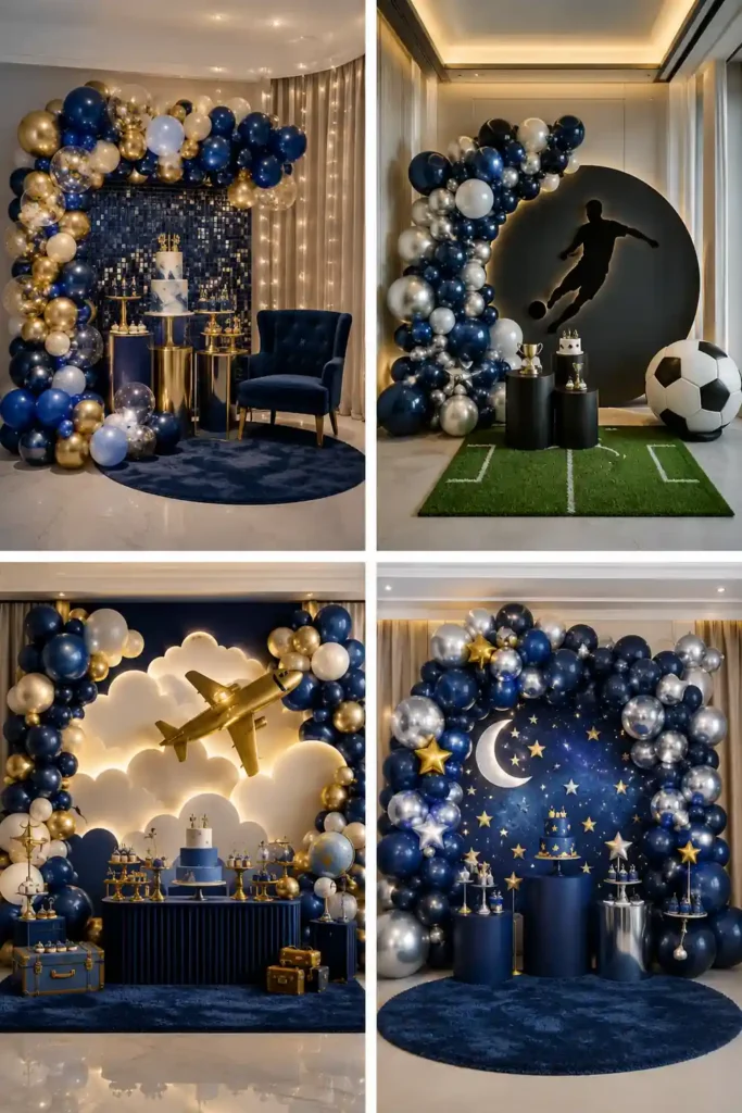 Four-panel birthday party inspiration collage featuring elegant navy blue, gold, silver, and white decorations, including a balloon arch with cake display, soccer-themed backdrop with football accents, aviation-themed dessert setup with airplane and travel elements, and a celestial moon-and-stars cake display with metallic balloon garlands

