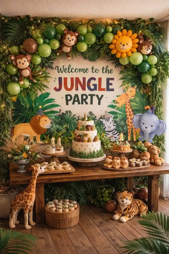Jungle-themed birthday party dessert table featuring a green balloon garland with monkey and lion balloons, tropical foliage backdrop, a three-tier safari cake, animal decorations including a lion, giraffe, zebra, elephant, and tiger, plush toys, rustic wooden tables, and jungle-inspired treats arranged in a vibrant indoor party setting