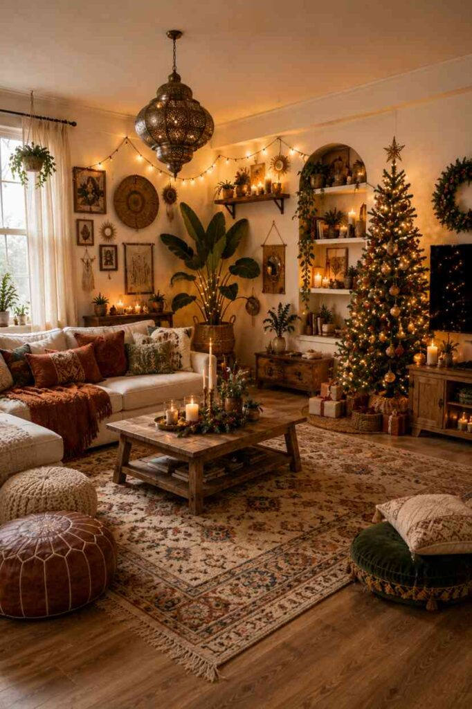 Bohemian-inspired living room decorated for Christmas with warm, cozy lighting and eclectic décor. A Christmas tree adorned with warm white lights and neutral ornaments stands beside built-in shelves filled with candles, plants, and decorative accessories. The room features a large sectional sofa with textured cushions and rust-colored throws, a rustic wooden coffee table with candles and greenery, patterned rugs, floor cushions, hanging plants, and macramé wall art. A statement Moroccan-style pendant light and festive string lights create a relaxed, inviting holiday atmosphere.