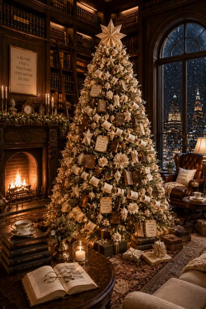 Literary-themed Christmas tree decorated with folded book-page stars, miniature book ornaments, paper garlands, and warm fairy lights inside a cozy luxury library with floor-to-ceiling bookshelves, a fireplace, and snowy city views.