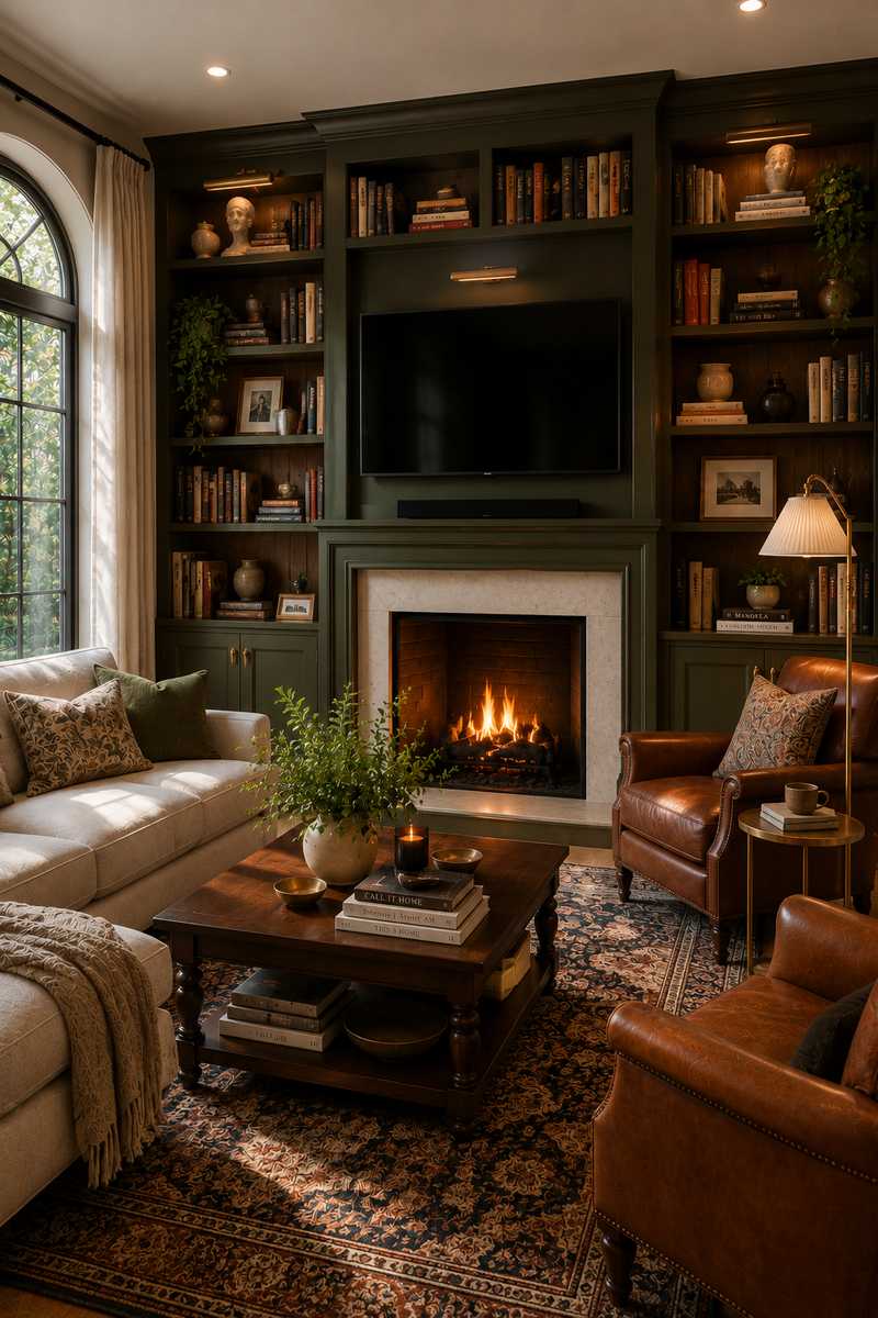 Luxury home library living room with custom floor-to-ceiling olive green bookshelves surrounding a fireplace and television. Rich walnut shelf interiors, integrated library lighting, cream linen seating, cognac leather armchairs, and a traditional area rug create a warm and inviting reading-focused atmosphere.