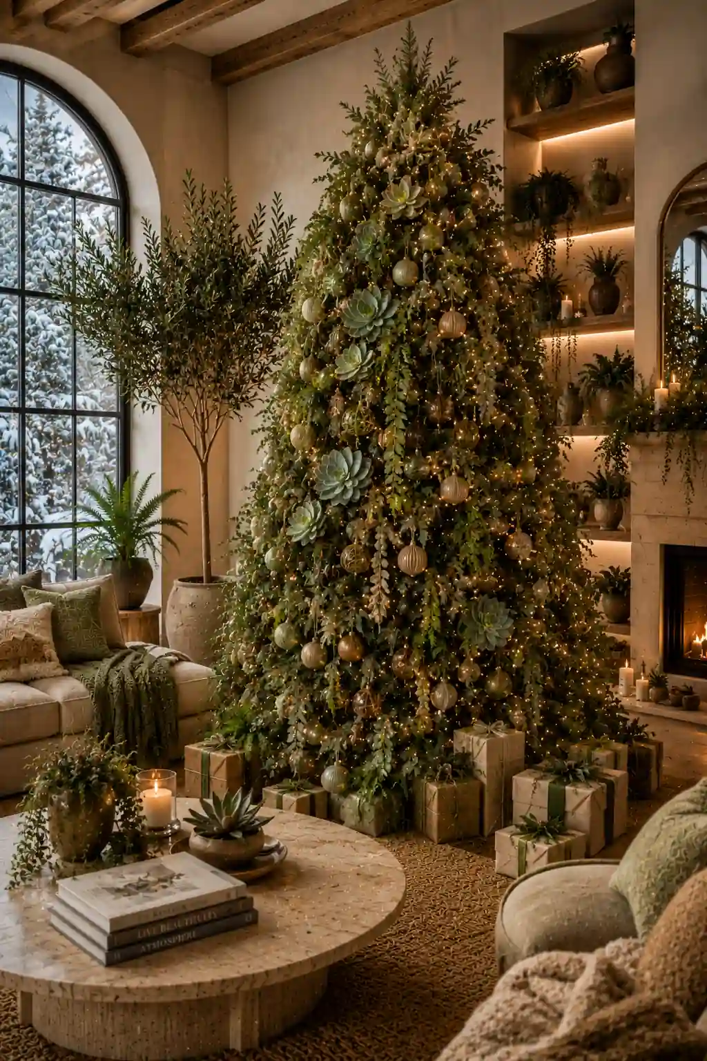 Botanical-inspired Christmas tree decorated with faux succulents, trailing eucalyptus vines, botanical ornaments, warm fairy lights, and earthy-toned decor in a cozy luxury living room with natural textures and a fireplace.