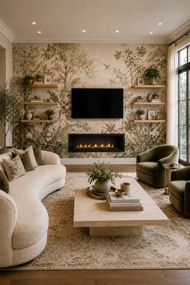 Designer living room with a large-scale botanical wallpaper mural behind a wall-mounted television and modern linear fireplace. Floating oak shelves display books, plants, and decorative accessories, while a curved ivory sofa, olive-green accent chairs, and a travertine coffee table create a warm and sophisticated atmosphere.