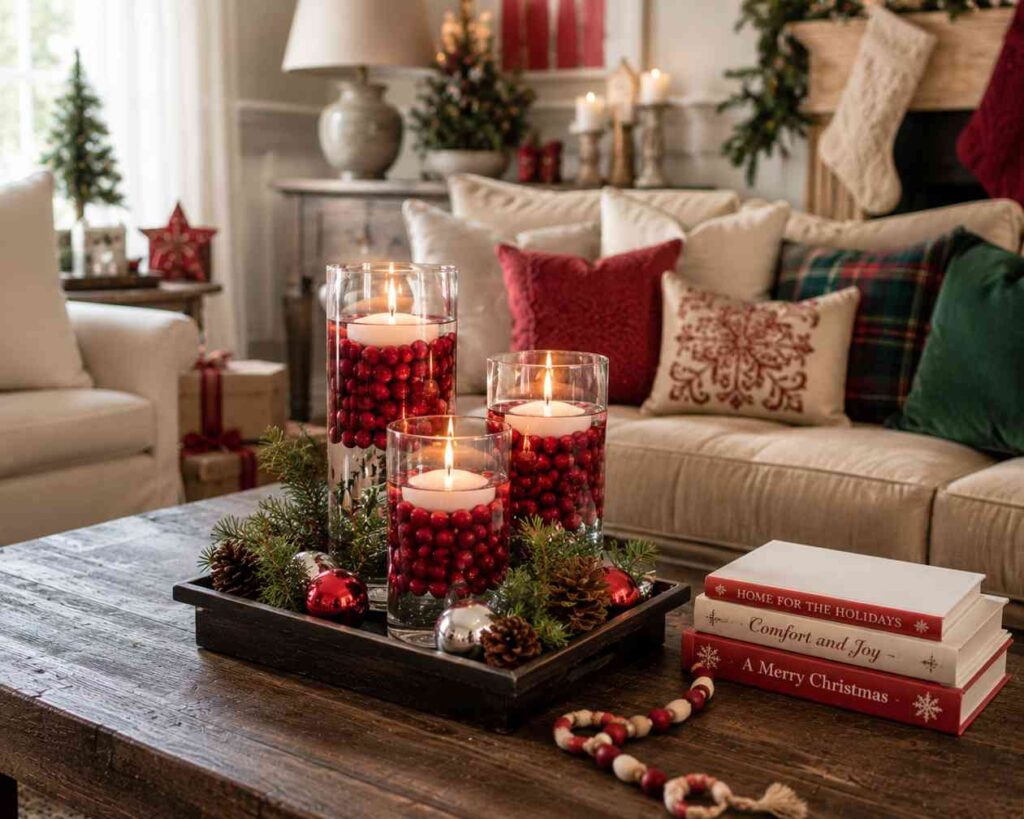 Christmas living room featuring a rustic wooden coffee table decorated with three floating candles in glass cylinders filled with red berries. Evergreen sprigs, pinecones, ornaments, and holiday-themed books complete the centerpiece, while cozy red, green, and plaid pillows surround the seating area near a festive fireplace.