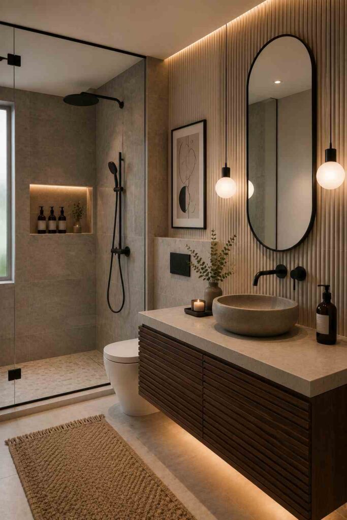Modern bathroom featuring a floating walnut vanity with horizontal slatted drawer fronts, a white stone countertop and round stone vessel sink, a large arched mirror mounted on a vertical fluted feature wall, matte black wall-mounted faucet and shower fixtures, globe pendant lights, a frameless glass walk-in shower with a recessed illuminated niche, a wall-hung toilet, decorative greenery, a textured beige runner rug, and warm under-vanity and ambient lighting
