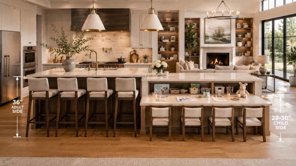 Luxury family kitchen featuring a dual-height island with a standard 36-inch adult seating area and a lower 28–30-inch child-friendly counter. Adult bar stools line the raised side, while child-sized chairs and a craft station occupy the lower side, surrounded by warm wood flooring, custom cabinetry, and an open-concept living space.