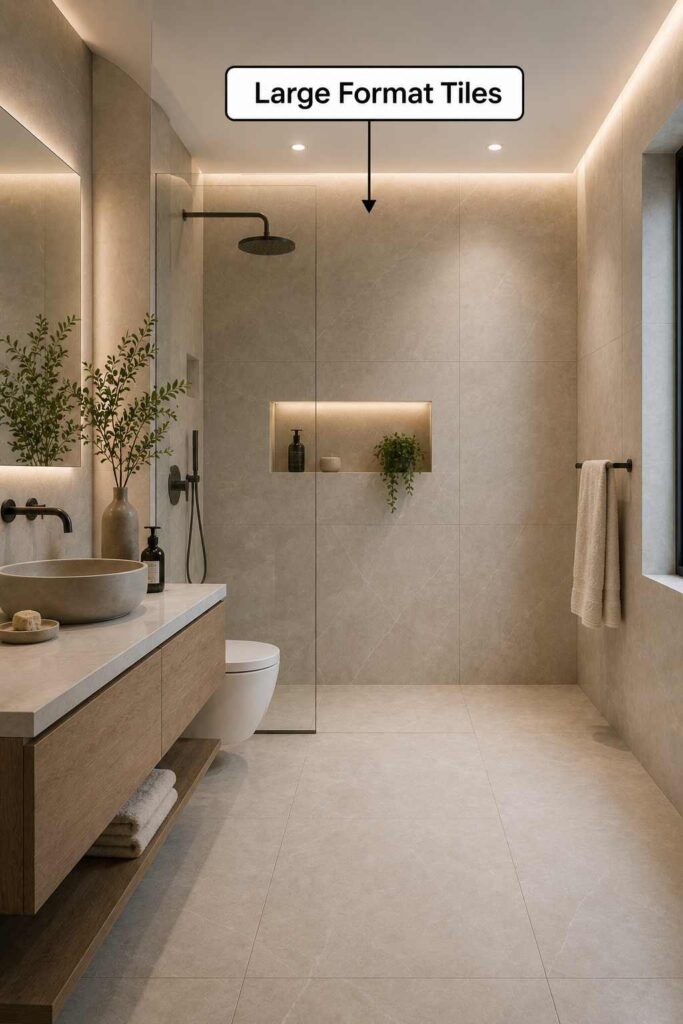 Modern bathroom with large-format stone-look wall and floor tiles, a floating wood vanity with a white countertop and round vessel sink, a backlit mirror, matte black wall-mounted faucet and shower fixtures, a frameless walk-in shower with a recessed illuminated niche, decorative greenery, a window providing natural light, and a towel hanging on the wall. The image also includes an annotation reading “Large Format Tiles” with an arrow pointing to the tiled wall. 
