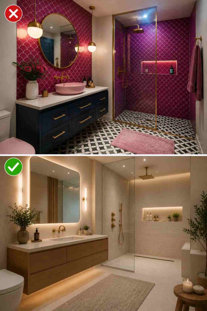 A before-and-after bathroom renovation comparison. The top image (marked with a red X) features a bold, colorful bathroom with vivid magenta fish-scale wall tiles, a navy blue vanity with gold hardware, a pink vessel sink, gold fixtures, patterned floor tiles, and a gold-framed glass shower enclosure, creating a busy, high-contrast look. The bottom image (marked with a green check) shows a serene spa-inspired remodel with a floating warm wood vanity, integrated under-cabinet lighting, a large softly backlit mirror, neutral stone-look tiles, brushed brass fixtures, a frameless walk-in shower with a recessed illuminated niche and built-in bench, minimal décor, and a calm, uncluttered aesthetic.