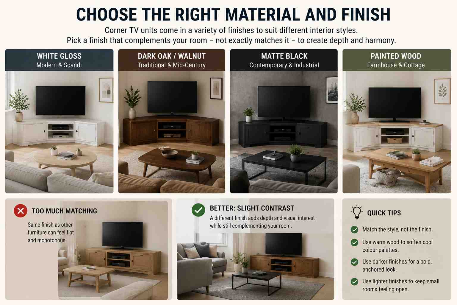 Infographic comparing corner TV unit finishes, including white gloss, dark oak, matte black, and painted wood, with examples of matching interior styles and tips for using complementary furniture finishes to create depth and balance.