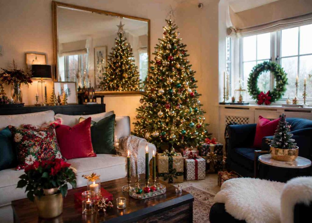 Traditional Christmas living room with a decorated tree beside a large mirror, wrapped gifts underneath, cream sofa with red and green accent pillows, wreath in the window, candles on a wooden coffee table, and warm holiday lighting creating a cozy festive atmosphere.
