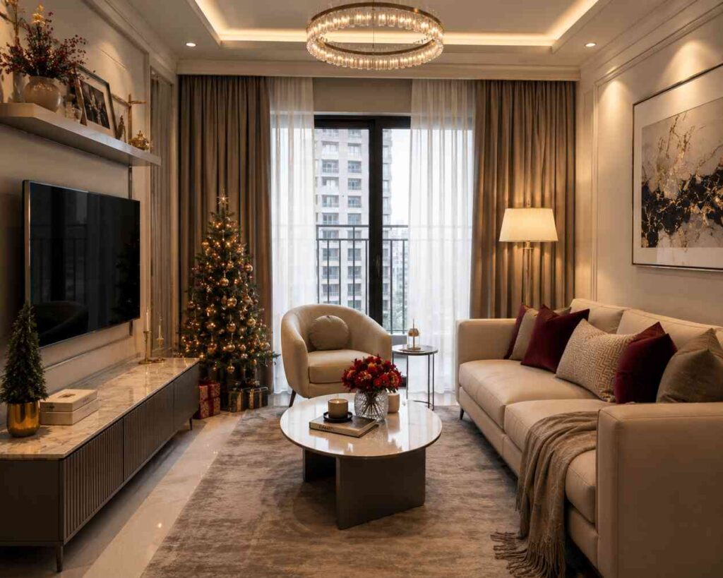 Modern living room decorated for Christmas with a small illuminated tree beside a floor-to-ceiling window, cream sofa with burgundy accent pillows, marble coffee table with red floral centerpiece, large wall-mounted TV, and a crystal ring chandelier. Neutral tones and soft lighting create an elegant holiday atmosphere.