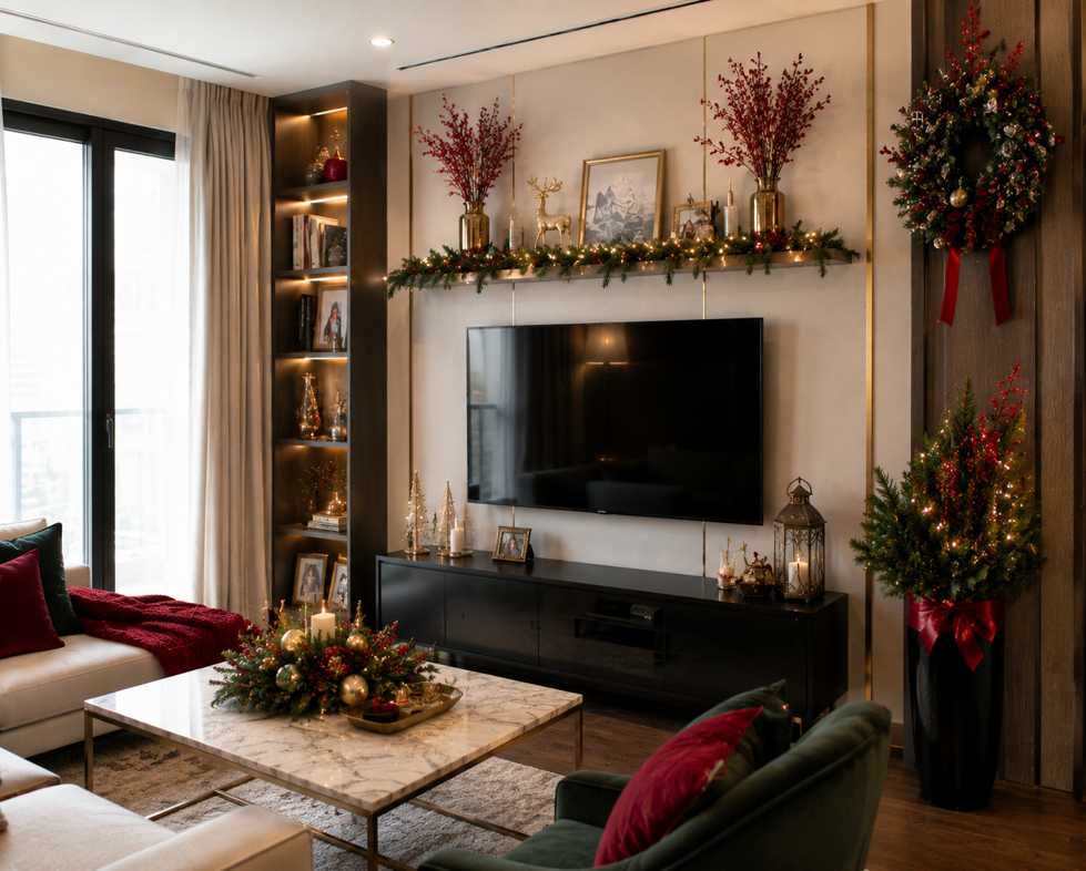 Sophisticated living room with Christmas décor, featuring a large wall-mounted TV, illuminated shelving, a garland-lined display shelf with candles and seasonal accents, a wreath with red ribbon, dark wood finishes, and a marble coffee table decorated with holiday greenery, ornaments, and candles.