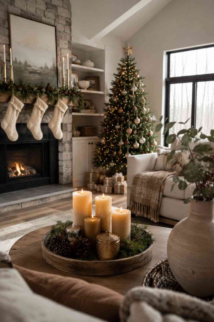 Warm and inviting Christmas living room featuring a stone fireplace with hanging cream stockings, a decorated Christmas tree glowing with warm lights, and wrapped gifts beneath. In the foreground, a wooden coffee table holds a tray of lit pillar candles, pinecones, and evergreen greenery, creating a cozy holiday atmosphere with soft natural daylight streaming through large windows