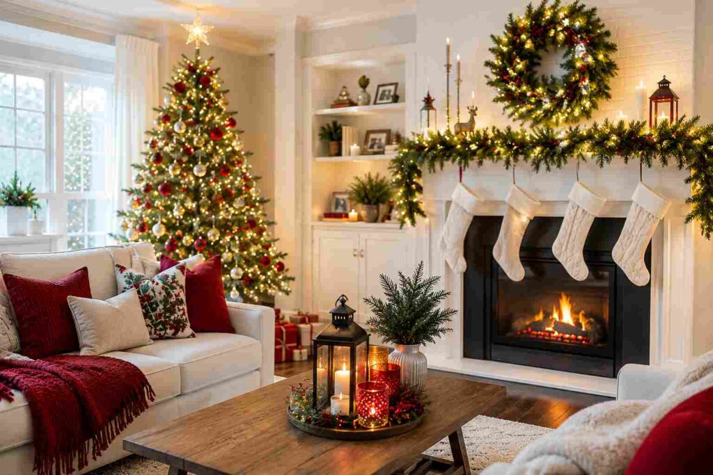 Cozy Christmas living room decorated with a beautifully lit Christmas tree, festive wreath, garland-covered fireplace mantel, hanging stockings, glowing candles, red and white accent pillows, and warm holiday decor creating a welcoming seasonal atmosphere.
