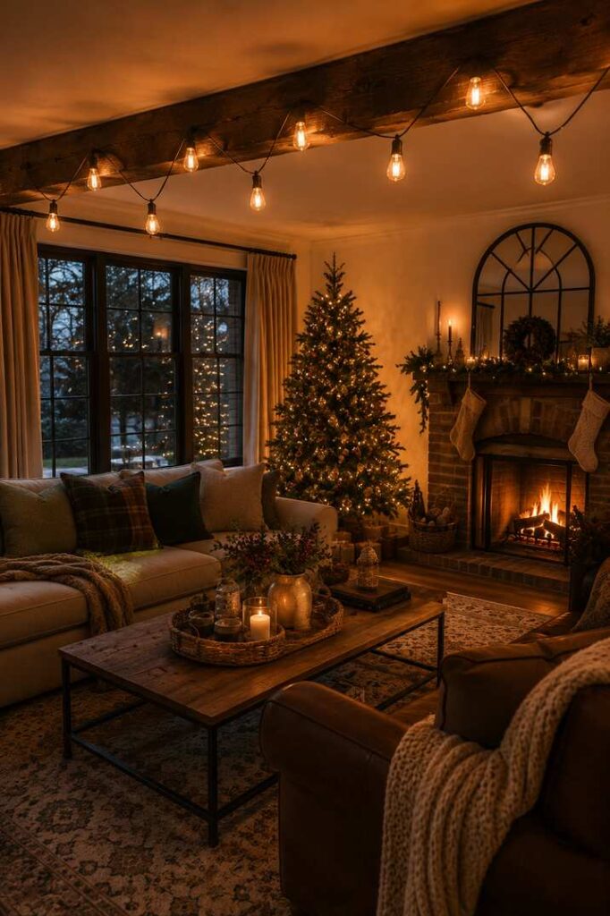 Christmas living room with illuminated tree, fireplace, stockings, garland, string lights, and cozy holiday decorations.
