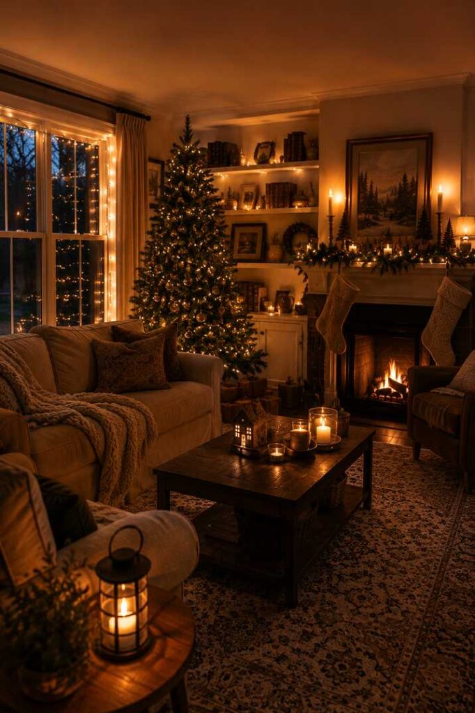 Christmas living room with lit tree, fireplace, candles, holiday decorations, and warm ambient lighting at night. 
