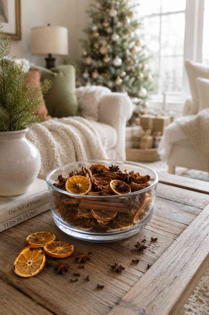 Holiday potpourri bowl with dried oranges, cinnamon sticks, and star anise on a wooden coffee table, with a decorated Christmas tree and cozy living room décor in the background.
