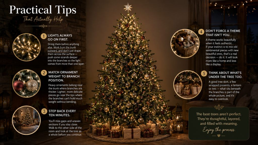 Christmas tree decorating infographic showing practical tips including placing lights first, matching ornament weight to branches, stepping back to check balance, choosing authentic themes, and styling beneath the tree with gifts and lanterns.