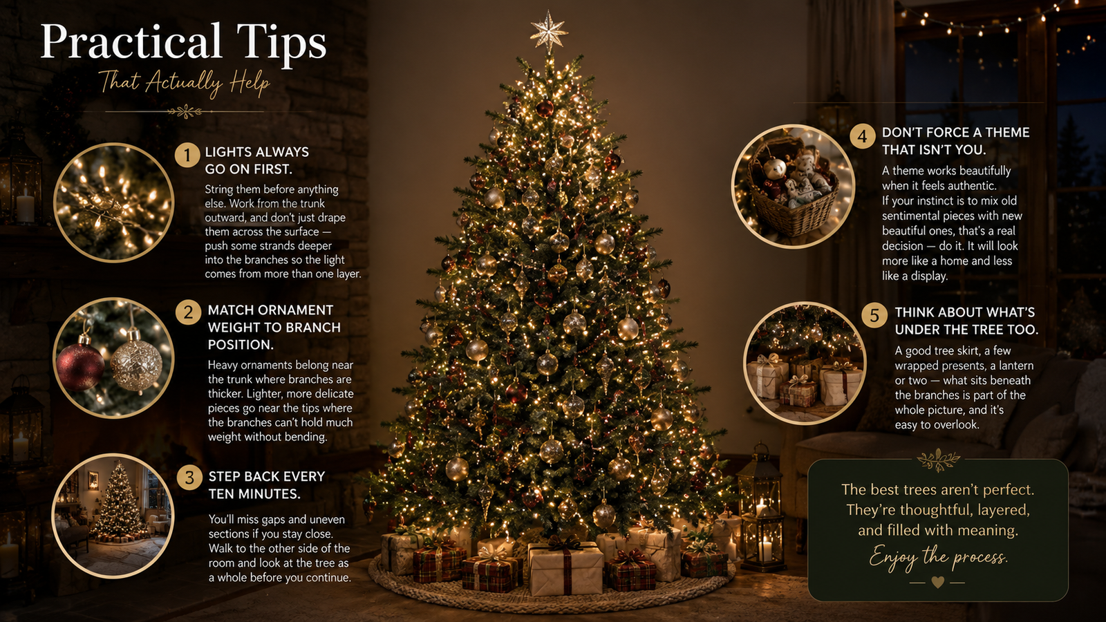 Christmas tree decorating infographic showing practical tips including placing lights first, matching ornament weight to branches, stepping back to check balance, choosing authentic themes, and styling beneath the tree with gifts and lanterns.
