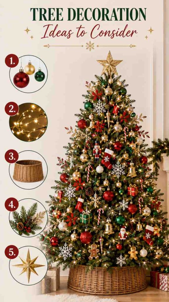 Christmas tree decorating guide titled “Tree Decoration Ideas to Consider.” The infographic features a fully decorated Christmas tree with warm white lights, red, green, gold, and white ornaments, snowflakes, candy canes, stockings, gift decorations, and a gold star topper. Along the left side, five numbered decoration elements are highlighted: colorful baubles, string lights, a wicker tree collar, greenery accents with pinecones and berries, and a decorative star topper.