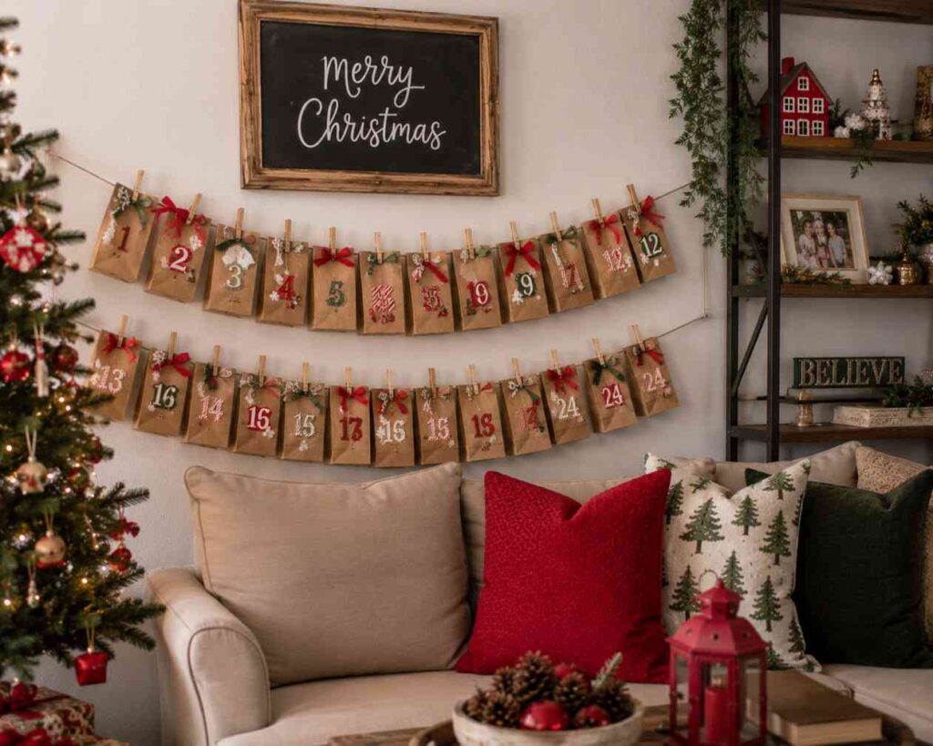 Cozy Christmas seating area with a beige armchair and festive red, green, and tree-patterned pillows. A handmade advent calendar of decorated kraft paper bags hangs beneath a framed “Merry Christmas” sign, with a decorated Christmas tree and holiday accents creating a warm and inviting seasonal atmosphere.