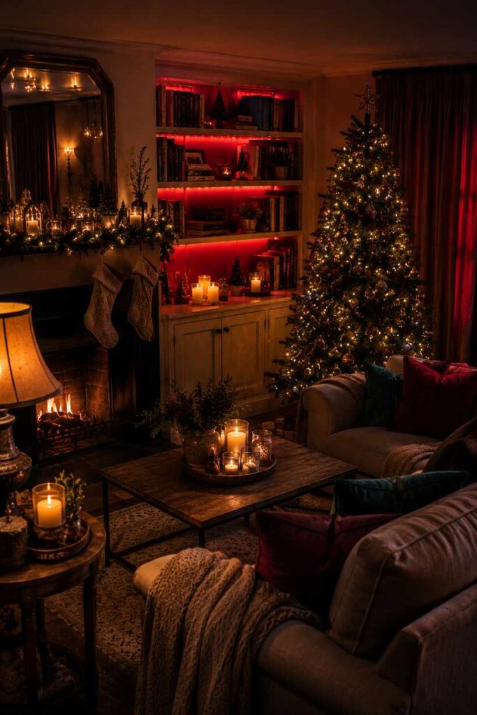 Cozy living room with a decorated Christmas tree, glowing fireplace, candles, stockings, and red-lit bookshelves creating a warm holiday atmosphere.
