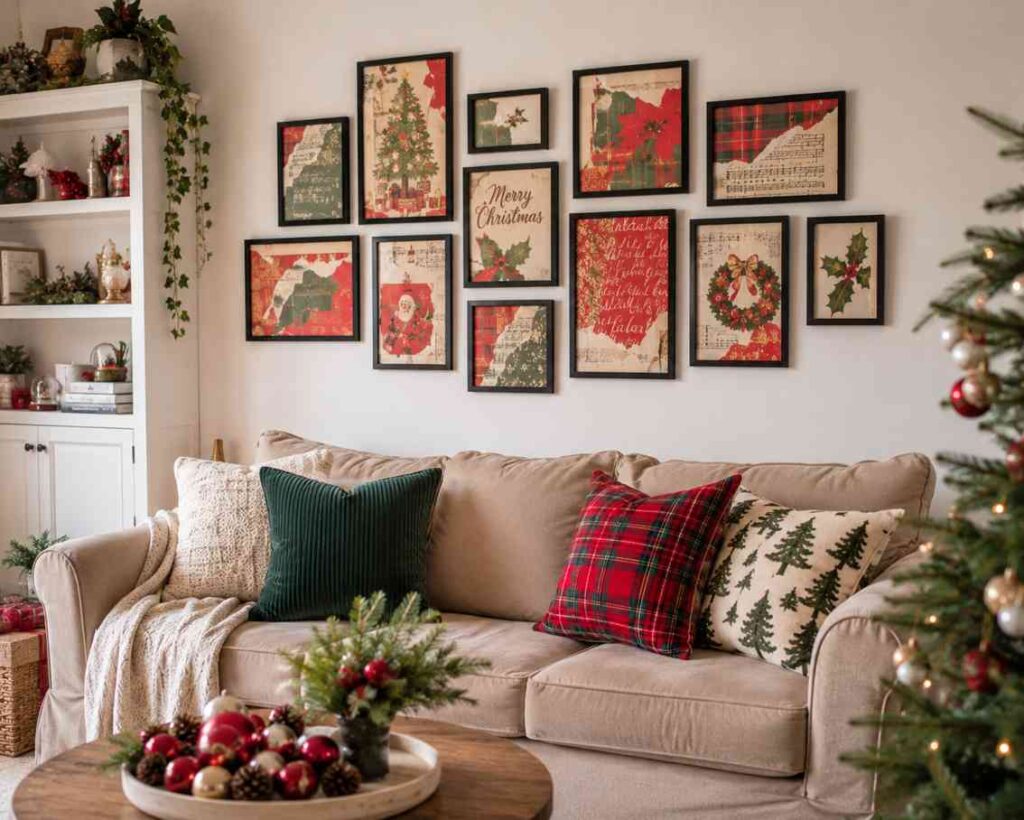 Cozy Christmas living room featuring a beige sofa styled with green velvet, red plaid, and tree-patterned pillows. Above the sofa, a festive gallery wall displays vintage-inspired Christmas artwork, sheet music, wreaths, holly, and holiday typography in black frames. A coffee table centerpiece with red ornaments, pinecones, and evergreen sprigs sits in the foreground, while a decorated Christmas tree glows softly beside built-in shelves filled with seasonal décor.