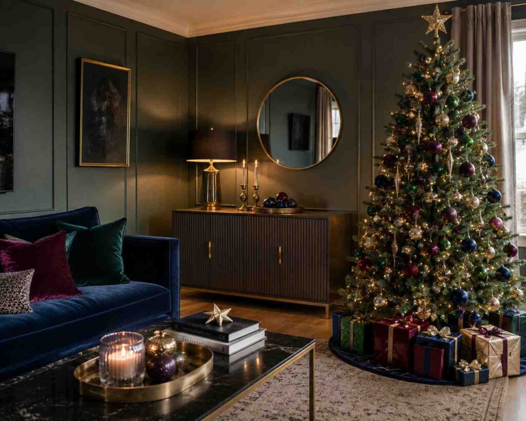 Elegant living room decorated for Christmas with a rich, moody color palette. Dark paneled walls, a navy velvet sofa with jewel-toned cushions, and a black-and-gold console table create a luxurious atmosphere. A Christmas tree decorated with warm white lights, burgundy, emerald green, navy, and gold ornaments stands beside a window, with wrapped gifts underneath. Candles, metallic accents, and a round gold-framed mirror add warmth and sophistication to the festive setting.