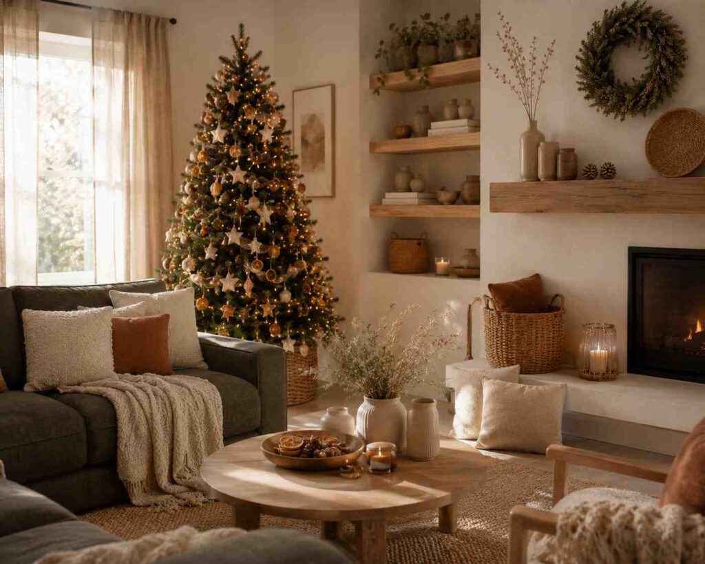 Warm and cozy living room decorated for Christmas in natural, earthy neutral tones. A Christmas tree adorned with warm white lights, star ornaments, and dried citrus decorations stands beside a large window with sheer curtains. A dark sofa with cream and rust-colored cushions is draped with a knitted throw. Wooden shelves display pottery and greenery, while a wreath hangs above a rustic fireplace. A round wooden coffee table holds candles and seasonal decor, creating a calm, inviting holiday atmosphere.
