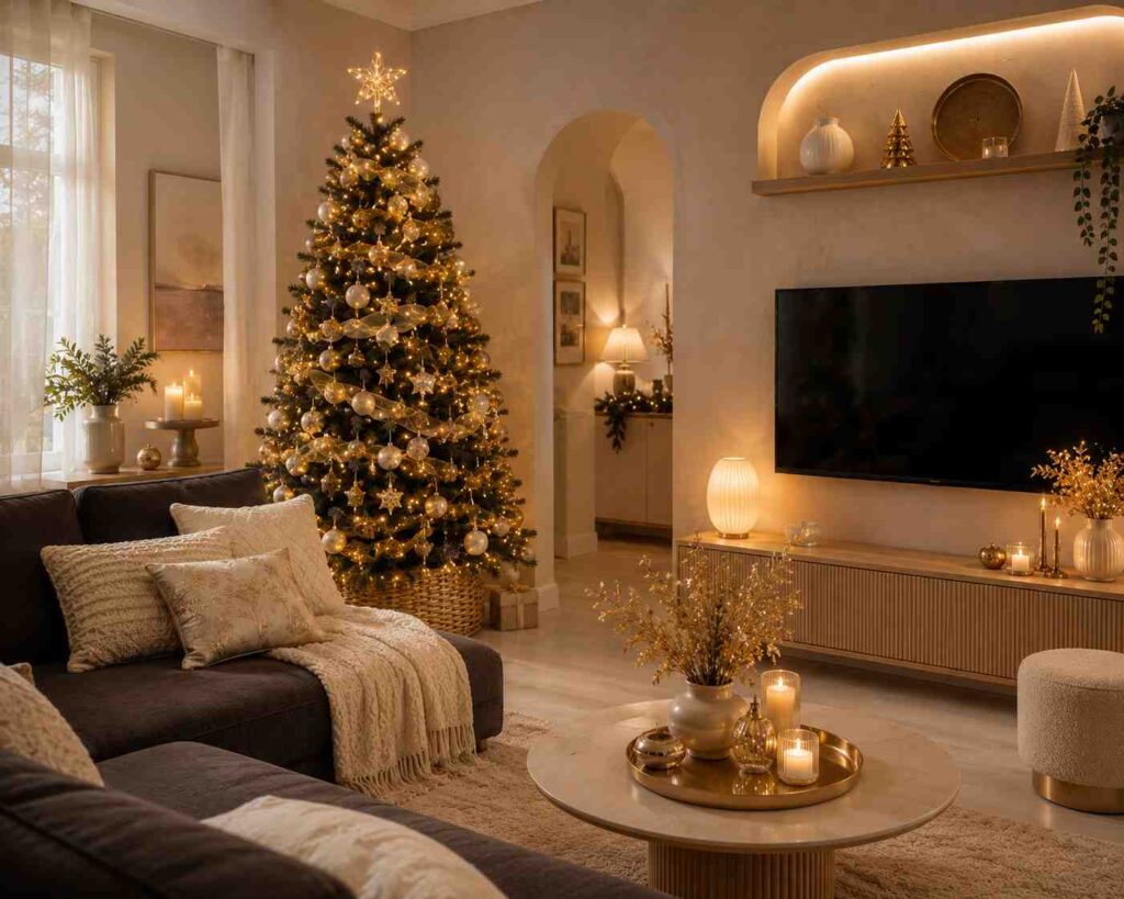 Elegant modern living room decorated for Christmas with a glowing gold-and-white Christmas tree, warm ambient lighting, cozy neutral furnishings, candles, festive ornaments, and sophisticated holiday decor creating a luxurious and inviting seasonal atmosphere.