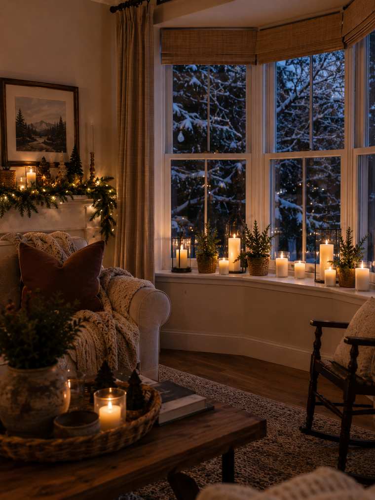 Christmas living room with candles, holiday garland, bay window seating, snowy winter view, and cozy evening decor
