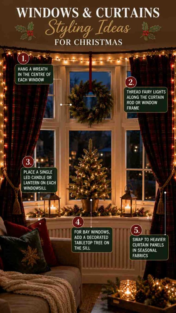 The image shows a cozy bay window decorated with a holiday wreath, warm fairy lights, plaid curtains, lanterns with LED candles, and a small illuminated tabletop Christmas tree on the windowsill. A festive garland with lights runs along the sill, while a sofa with seasonal cushions and a knitted throw sits nearby. Five decorating tips recommend hanging wreaths, adding fairy lights along curtain rods, placing candles or lanterns on windowsills, displaying a tabletop tree, and using heavier seasonal curtain fabrics.