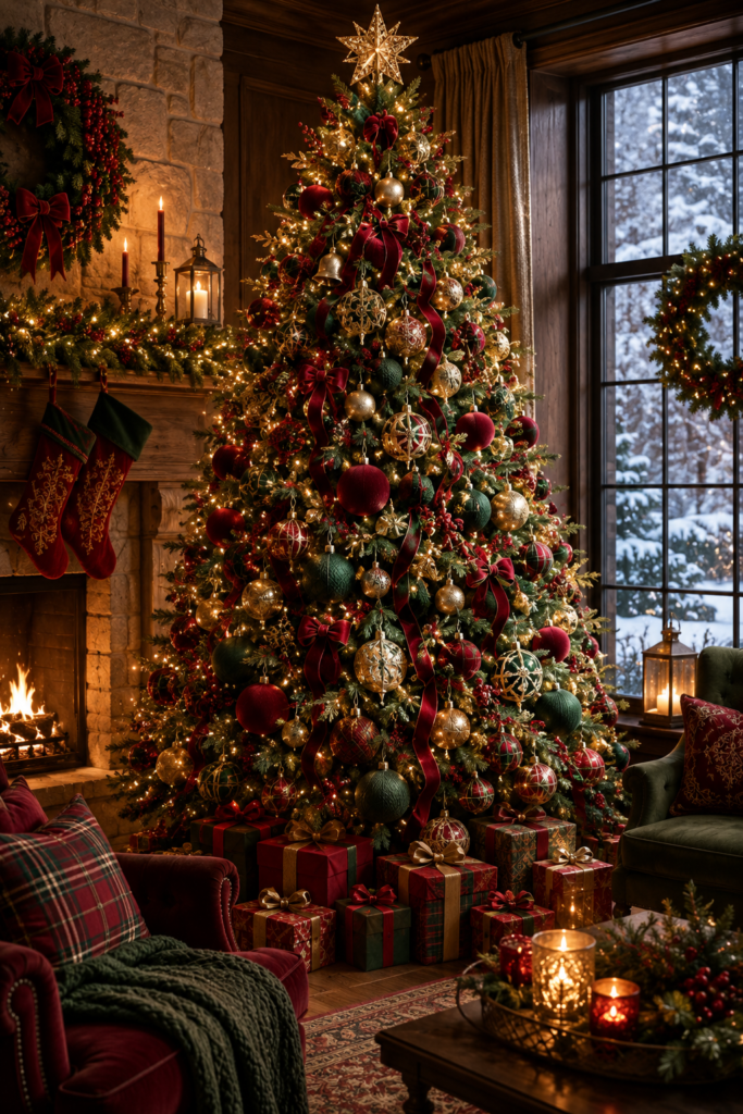 Traditional Christmas tree decorated with deep velvet red ornaments, matte forest green baubles, gold accents, warm fairy lights, and wrapped gifts in a cozy luxury living room with a fireplace and snowy window views.